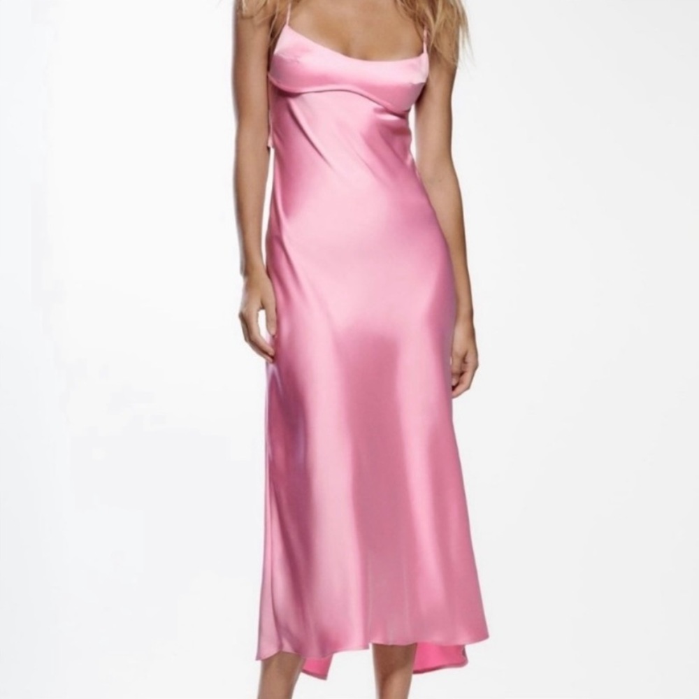 Zara Pink Satin Effect Cut Out Midi Dress Small